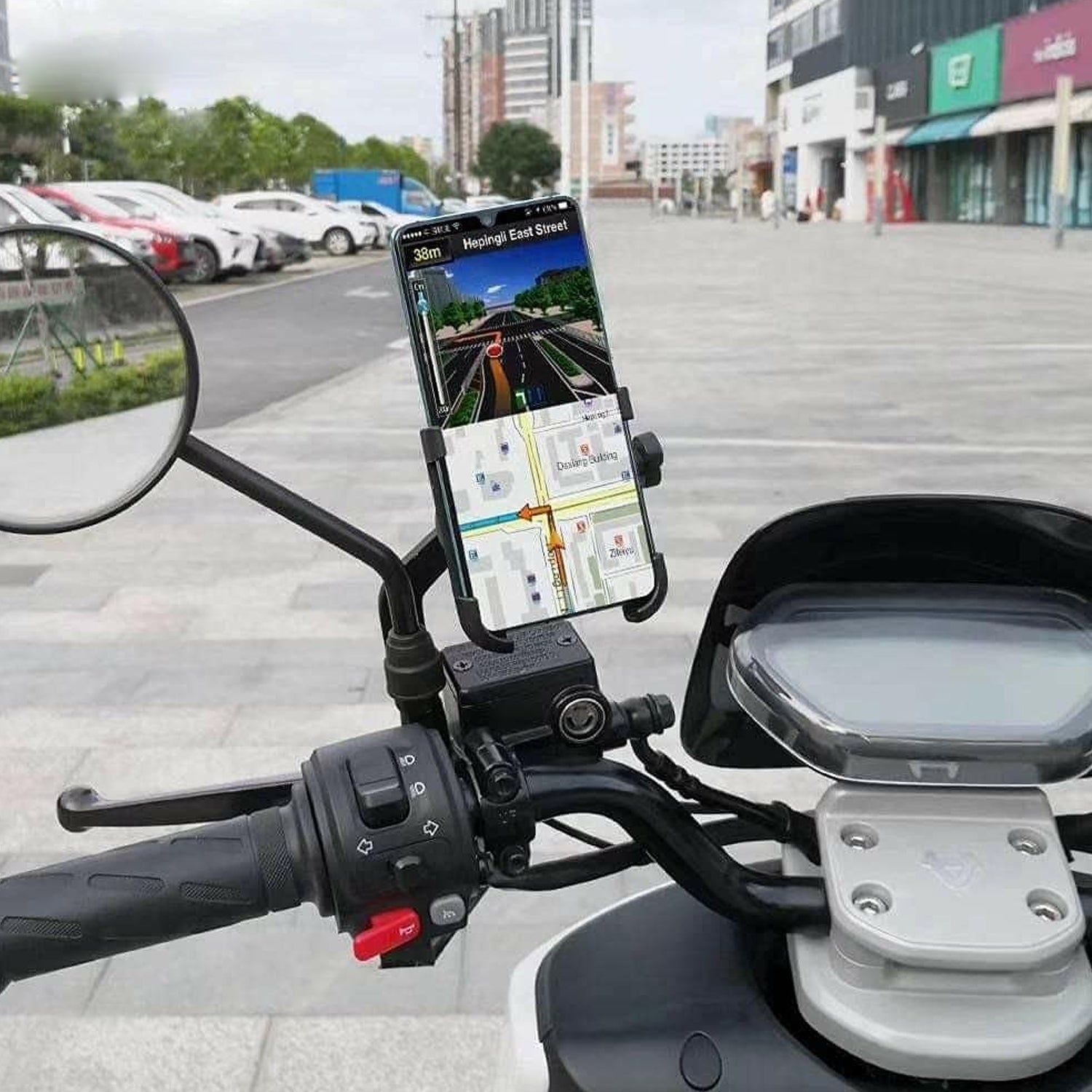 6706 Mobile Phone Holder With Easy Adjustable Rear View Mirror Mount Solid Metal Cradle Stand Suitable for Bike & Mobile Phones DeoDap 6706 Mobile Phone Holder With Easy Adjustable Rear View Mirror Mount Solid Metal Cradle Stand Suitable for Bike & Mobile Phones DeoDap